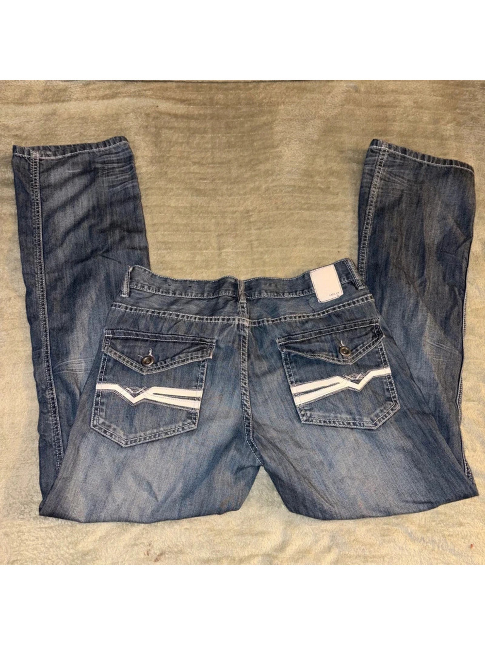 Blue Mid rise Denim Bootcut Y2K Helix Jeans with White Strip Pattern on back